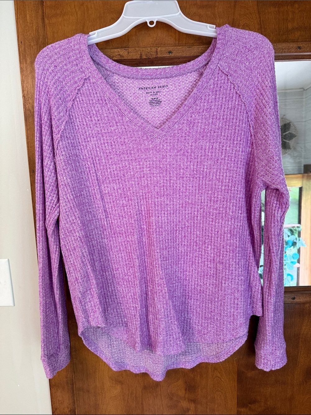 American Eagle Outfitters Mauve Ribbed V-Neck Long Sleeve Top